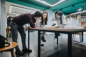 Students works together in a modern collaboration center, examining architectural models and documents on a large table. The scene captures teamwork, creativity, and hands-on design process.