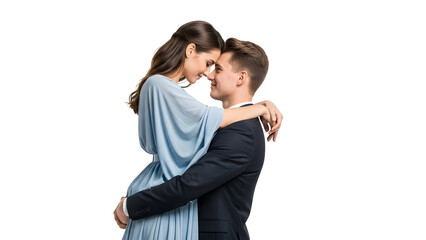 Elegant couple shares a tender embrace with loving smiles and foreheads touching portraying deep affection and romantic connection in a beautiful heartfelt moment