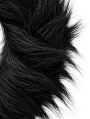 Fluffy black fur texture close-up isolated on white background. Realistic soft faux fur surface with long flowing strands and natural organic movement for modern design..
