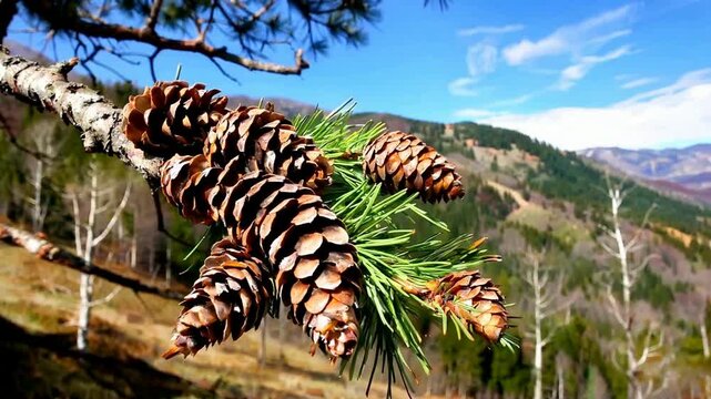 Pine Cones on Branch with Mountain View - Natures Beauty.