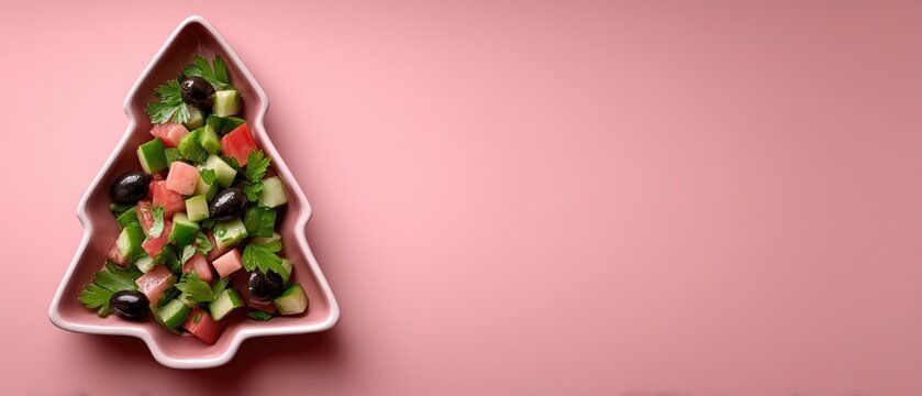 Colorful salad arranged in a Christmas tree shaped bowl on a pink background during a festive gathering in the winter season - Powered by Adobe