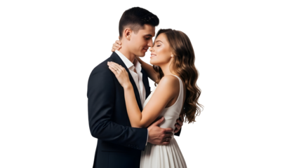 Affectionate couple embracing tenderly on a dark background showing deep emotional connection and romantic happiness for a special life event celebration