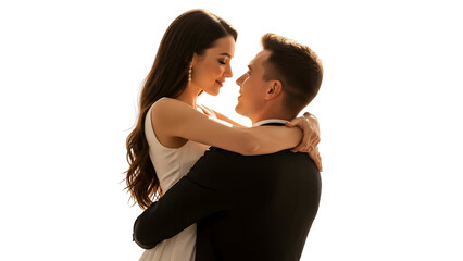 Joyful elegant couple in formal attire shares an intimate embrace gazing lovingly into each other's eyes symbolizing profound connection romance and happiness for a memorable celebration of