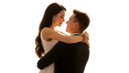 Joyful elegant couple in formal attire shares an intimate embrace gazing lovingly into each other's eyes symbolizing profound connection romance and happiness for a memorable celebration of