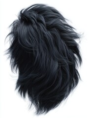 Fluffy black fur organic shape isolated on white background. Realistic soft faux fur texture with long flowing strands and natural volume for modern abstract design.