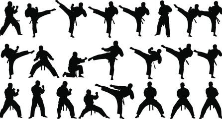 Karate fighters vector silhouette collection: various martial arts poses, including high kicks, punches, blocks, and stances, for self-defense, training, and combat sports concepts.