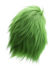 Smooth fluffy fur shape in vivid green color with long flowing strands and soft organic curves. Detailed macro texture isolated on white background, 3D rendering..