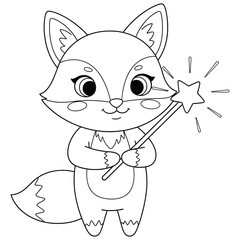 Cute Magic Fox Coloring Page – Kawaii Forest Animal with Star Wand for Kids