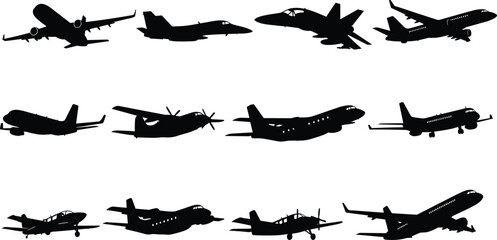 Large set of diverse ship silhouettes vector illustration, including navy battleships, submarines, and historical pirate galleons with sailing vessels for transport and war. © MdNur