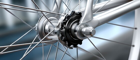 Obraz premium Close up view of a bicycle hub showcasing intricate metalwork and precision engineering in a bright workshop, capturing the essence of cycling craftsmanship