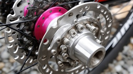 Detailed close-up view of a bicycle wheel hub and disc brake setup showcasing mechanical components and colorful elements in a natural environment