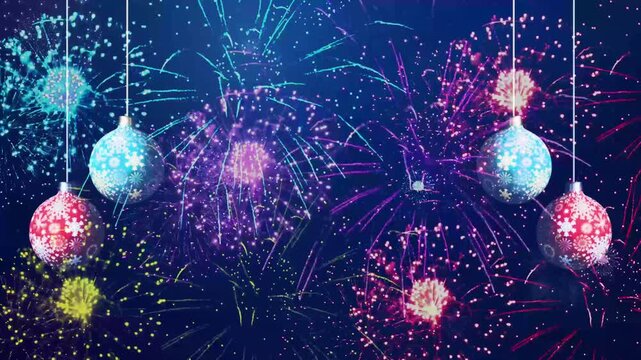 firework exploding pyro display with hanging rotating balls, abstract background for celebration, occasion, festival, events and grand finale