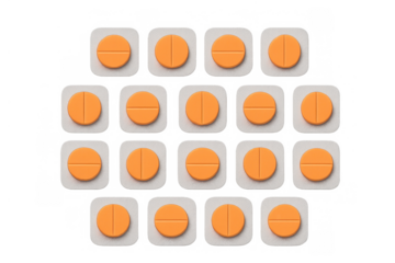 Orange pills in blister pack on transparent background, representing medication, health and medical treatment