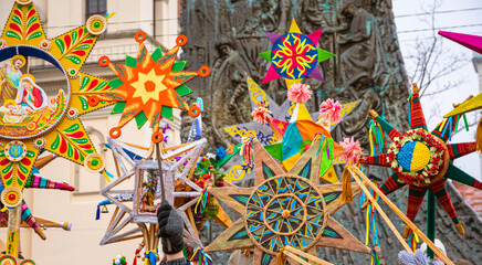 Christmas nativity scene with Ukrainian national Christmas star decoration