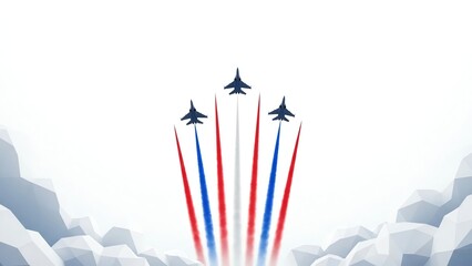 Three fighter jets flying in formation leaving red and blue smoke trails against a white sky.