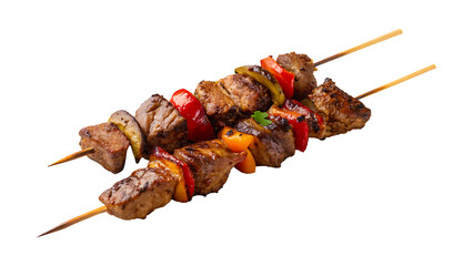 Deliciously grilled juicy meat and vibrant vegetable skewers presented elegantly against a dramatic...