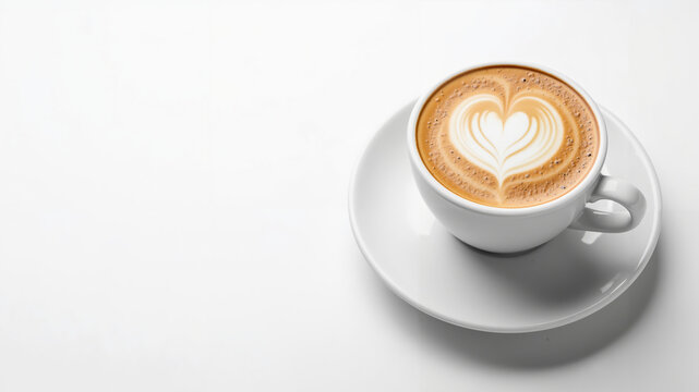 Cup of coffee with heart foam on white saucer  