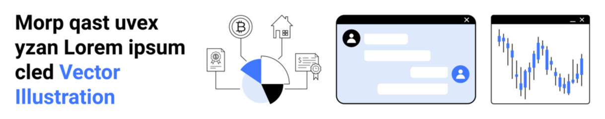 Fototapeta premium Data analysis, blockchain, communication technology, financial trends, business management, online charts. Pie chart, blockchain network chat interface and financial graph. Data analysis