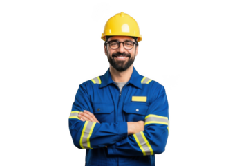 A smiling bearded man wearing a yellow hard hat and blue work uniform with reflective stripes isolated on transparent background