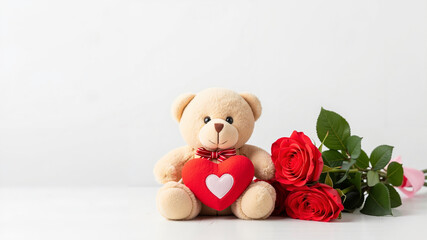 Cute teddy bear with heart next to red roses on white background  