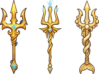 Golden fantasy trident collection featuring magical weapon designs, ornate decorative details, glowing crystals, and mythical ocean-themed elements for creative illustration projects.