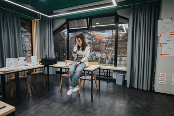 A casual study scene with students in a contemporary classroom. One girl sits on a table scrolling...
