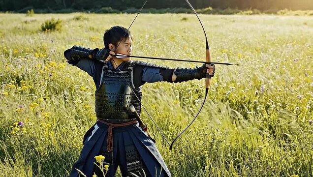 A skilled samurai warrior in traditional armor draws a bow amidst a sun-drenched field of wildflowers embodying strength discipline and ancient Japanese heritage