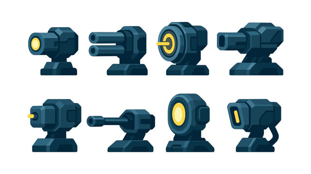 Futuristic turret designs, flat vector illustration, defense, artillery, cannon