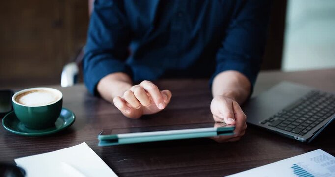 Hands, business and man in office, tablet and trading portfolio with email for data analysis. Person, investor and employee in workplace, tech and advisor for stock market exchange and digital app