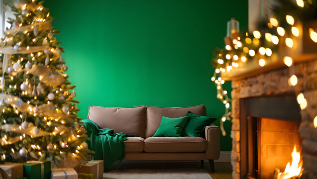 Elegant holiday interior with a Christmas tree, neutral sofa, and green accent wall. Warm lighting creates a calm festive mood - Powered by Adobe