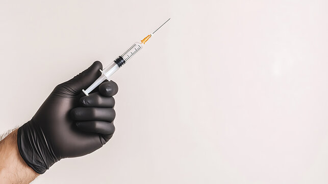 Gloved hand holding an injection syringe in front of an off-white background. Medical professional in protective gloves holds medical injection. Health care.