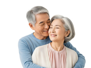 A joyful senior Asian couple lovingly embraces, radiating genuine happiness and demonstrating the enduring warmth of their deep, committed relationship and shared life