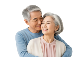 A joyful senior Asian couple lovingly embraces, radiating genuine happiness and demonstrating the enduring warmth of their deep, committed relationship and shared life