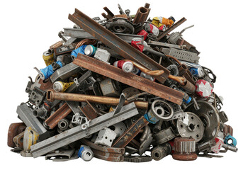 Pile of Diverse Metal Scraps and Fasteners in Industrial Setting for Recycling