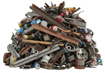 Pile of Diverse Metal Scraps and Fasteners in Industrial Setting for Recycling