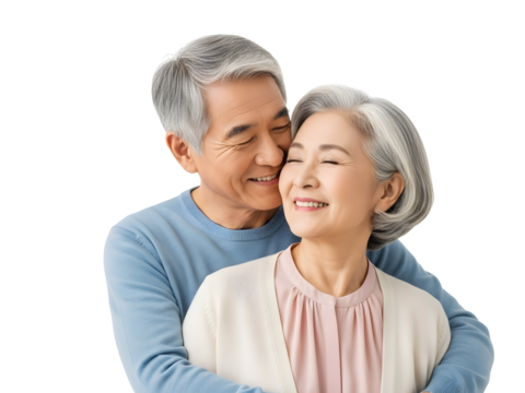 A joyful senior Asian couple lovingly embraces, radiating genuine happiness and demonstrating the enduring warmth of their deep, committed relationship and shared life - Powered by Adobe