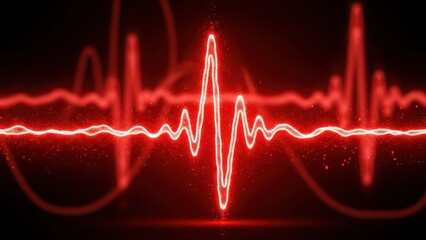 Glowing red electrocardiogram waveform representing heart pulse and life in abstract digital technology, scientific research, medical concept.