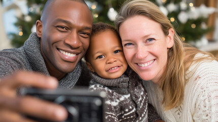 Laughing family selfie, Christmas home bonding, December holiday happy, together interracial man, woman child celebration, photography festive season, holiday family moment, facele