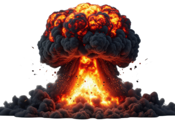 Explosive Detonation with Fiery Flames and Thick Smoke Plume in Clear Background