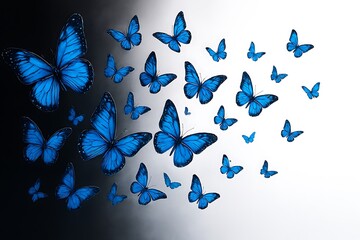 A swarm of vibrant blue butterflies flying towards a bright light