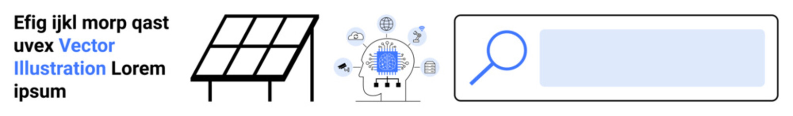 Obraz premium Renewable energy, artificial intelligence, digital interfaces, sustainability, innovation, technology. Solar panel, AI with tech icons search interface. Renewable energy and artificial intelligence