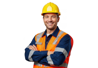 Smiling construction worker wearing a yellow hard hat and orange safety vest with arms crossed isolated on transparent background