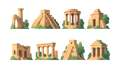 Ancient ruins collection, flat vector illustration, historic monuments, landmarks