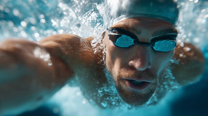 Underwater view focused, male swimmer mid-stroke, indoor pool dramatic, lighting elite sports, triathlon endurance motion, discipline professional training, aquatic excellence disp
