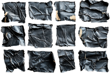 Cracked Black Paint Texture Samples. Artistic Surface Design And Material Study Isolated On Transparent Background