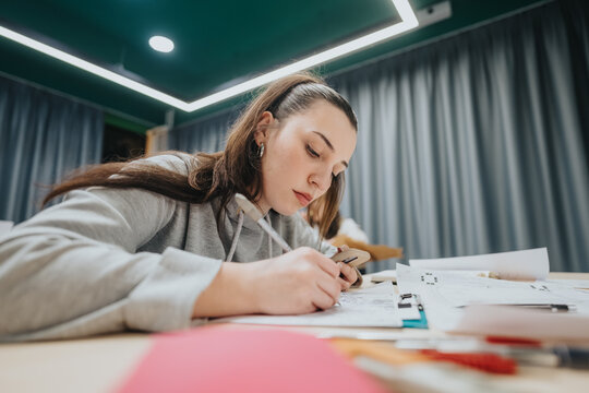 A young woman sits at a desk in a modern collaboration center, writing notes with a pen while scrolling on her phone. Papers and color swatches are spread across the table. - Powered by Adobe