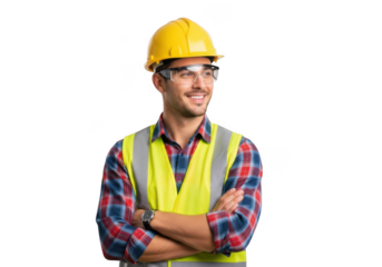 Smiling male construction worker wearing yellow hard hat safety glasses and high visibility vest with arms crossed isolated on transparent background