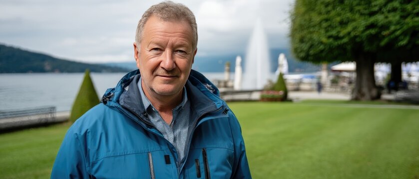 A nice day by the lake features a man smiling in front of scenic mountains, with friends enjoying the view in the background. - Powered by Adobe