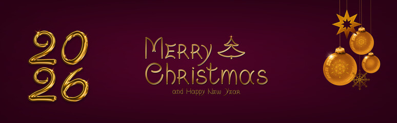 Merry Christmas and Happy New Year 2026 Banner on red background.