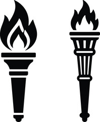 Torch flame silhouette set featuring classic burning torch icons, symbolic fire designs, and bold vector illustrations for strength, freedom, and inspiration themes.